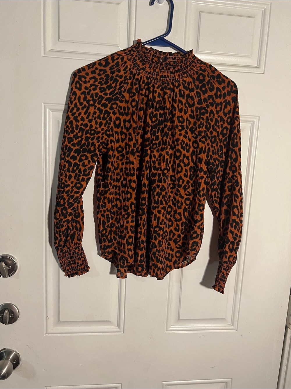 LOFT Brown and Black Leopard-Print Smocked Neck Blouse